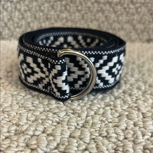 Aztec Navy Blue and White Embroidered and Grosgrain Ribbon Belt w/D-ring Closure